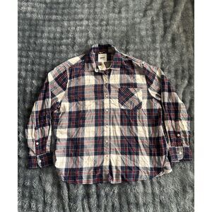 NWT Aerie Plaid Flannel Button Down Shirt Size S Blue Red Cream Oversized Pocket